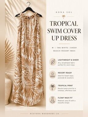 Kona Sol Tropical Swim Cover Up Dress M Tan White Sheer Beach Resort Maxi